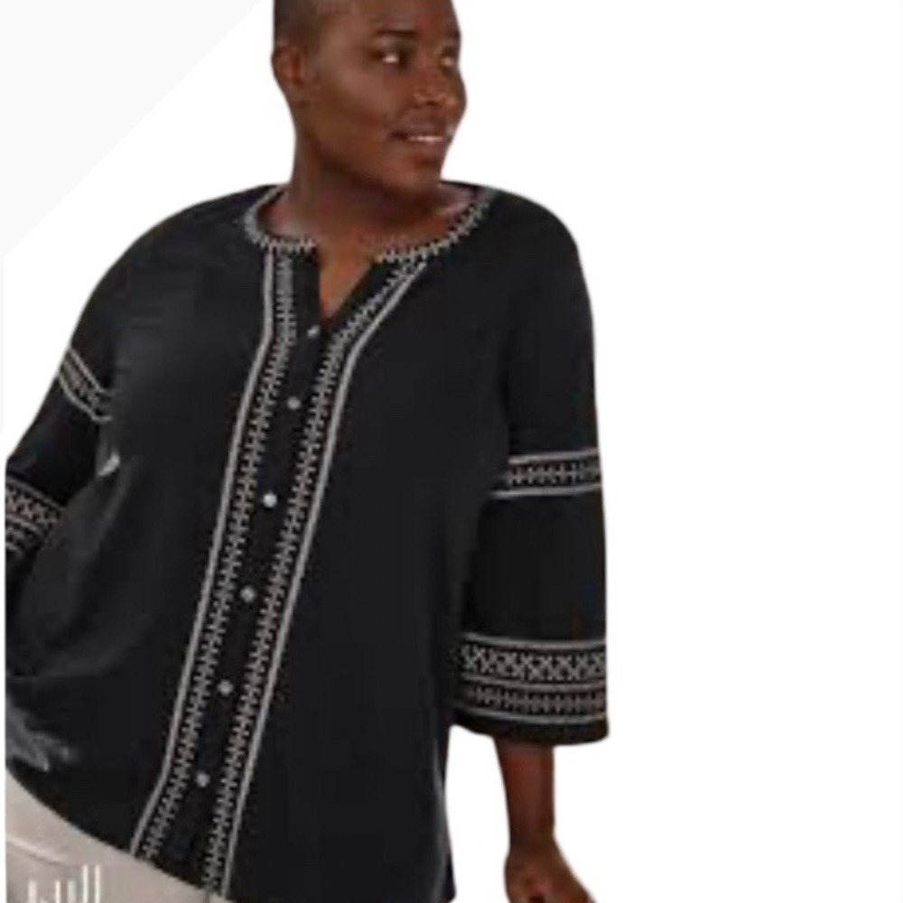 J. Jill Black Embroidered Button Front Tunic Top Sz M Bohemian Relaxed Casual